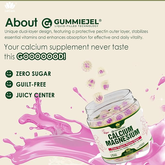 Plant Based Calcium Gummies 600mg with Vitamin D3 K2 Magnesium Zinc for Bone Strength Sugar Free Calcium Supplements for Women &amp Men (Certified Vegan) from Sustainably Organic Red Algae - 60 Co