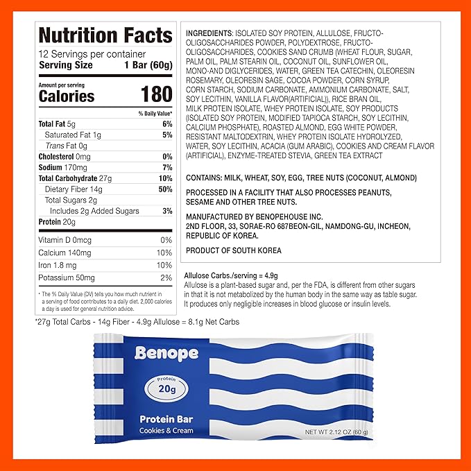 Benope Protein bar Cookies&ampCream protein bar 60g x 12ea high protein low sugar low carb energy bar nutritious snack high protein snacks
