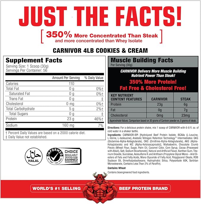 MuscleMeds Carnivor Beef Protein Isolate Powder Cookies &amp Cream 56 Servings 1680 Gram 59.2 Ounce 3.7 Pound