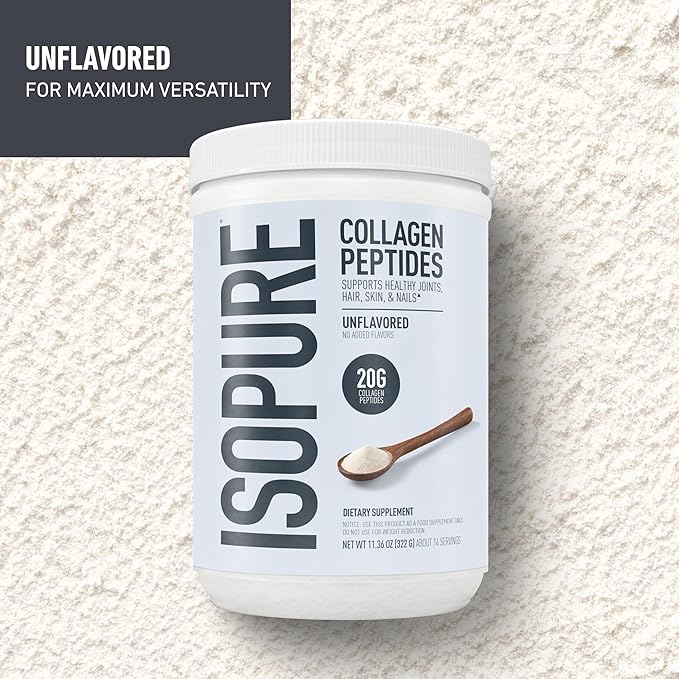 Isopure Collagen Peptides Powder Promotes Hair Nail Skin and Joint Health with Vitamin C and Biotin Unflavored 20g Collagen Peptides Per Serving 11.36 Oz 14 Servings (Packaging May Vary)