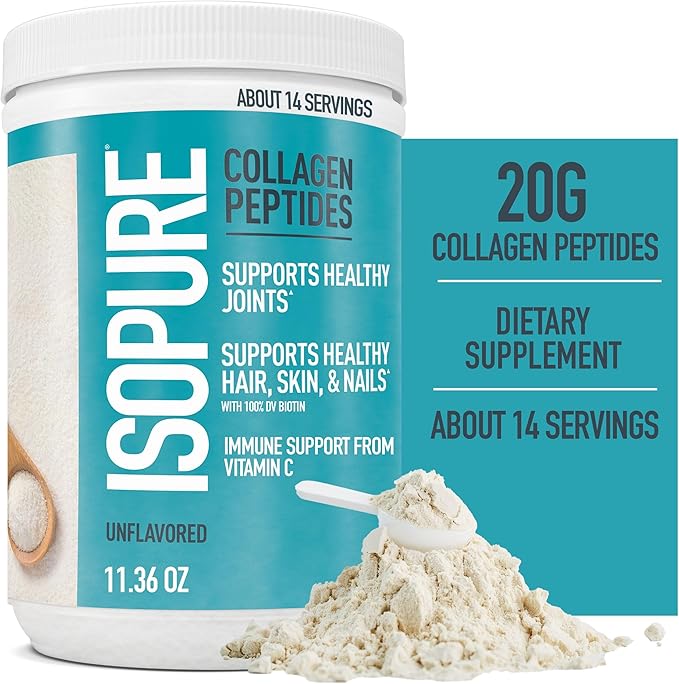 Bundle of Isopure Unflavored Whey Protein Isolate 25g Protein Zero Carb 16 Servings 1 Pound (Packaging May Vary) + Collagen Peptides Powder 14 Servings Unflavored with Vitamin C with Biotin