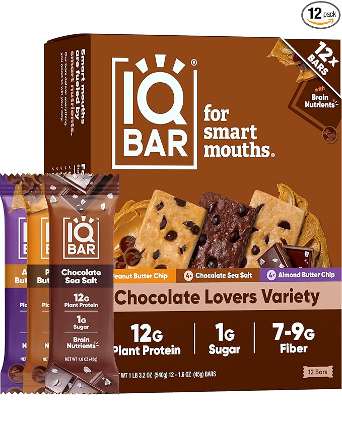 IQBAR Clean Plant Protein Bars - Chocolate Lovers Variety - 12 Count - Keto Vegan High Fiber Gluten and Dairy Free Low Sugar Snack - Brain and Body Nutrients for Focus Energy Meal Replacement