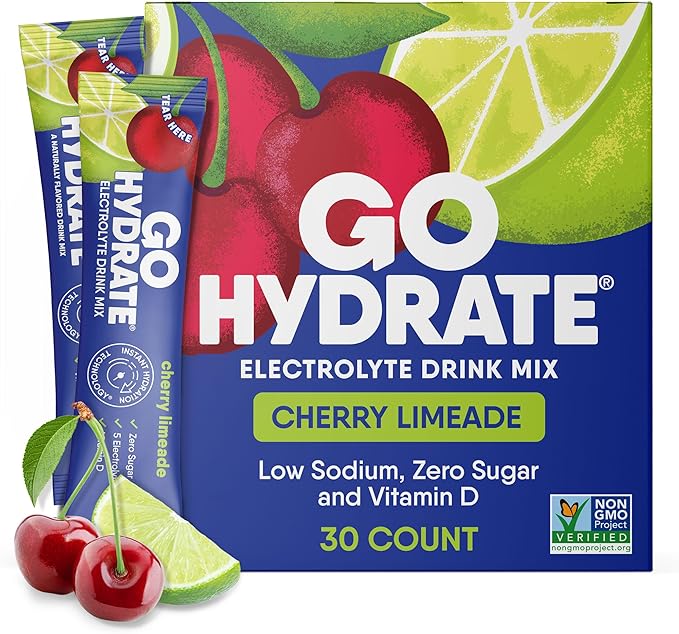 GoHydrate Low Sodium Electrolytes Powder Packets Sugar Free - Instant Hydration Daily Drink Mix - Zero Sugar Water Flavor Packet Singles with Vitamin D - (Cherry Limeade 30 Packs)