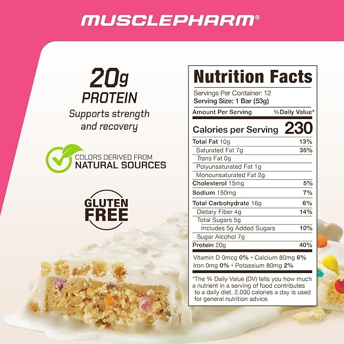 MusclePharm Combat Ready Protein Bar Confetti Cake High Protein Bars Combat Cravings Fuel Performance &amp Meet Energy Demands 20g Protein from Whey Protein 4g Fiber Gluten Free 12 Bars