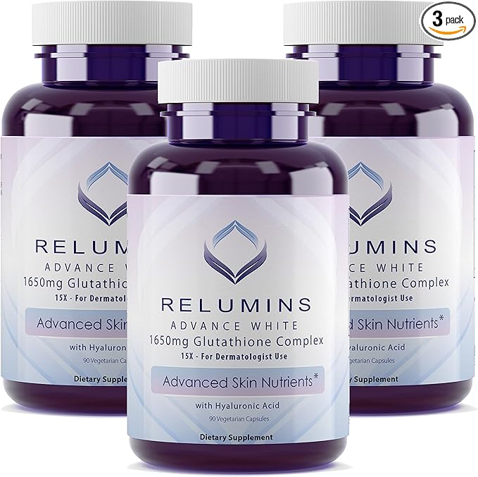 Relumins 1650mg L-Glutathione Complex with Hyaluronic Alpha Lipoic Rose HIPS Vitamin E &amp Riboflavin Spring Glow Essentials – Your Radiant Skin Starts Here Made in USA – 90 Caps x 3 Bots