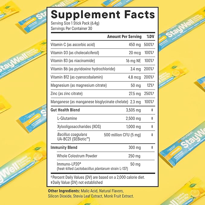 Daily Nouri StayWell Gut Health Drink Mix | Digestive &amp Immune Support Powder | Colostrum + L-Glutamine + Probiotics | Lemonade | 30 Stick Packs