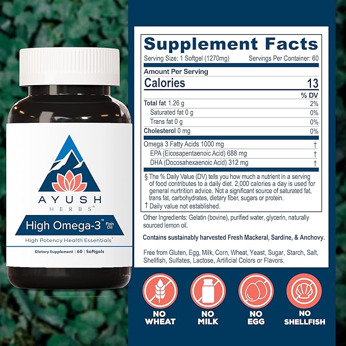 Ayush Herbs High Omega 3 - Omega 3 Fish Oil 1000mg Per Capsule EPA &amp DHA Fish Oil Supplement for Women &amp Men Natural Lemon Flavor - 60 Softgel Capsules (1 Count)