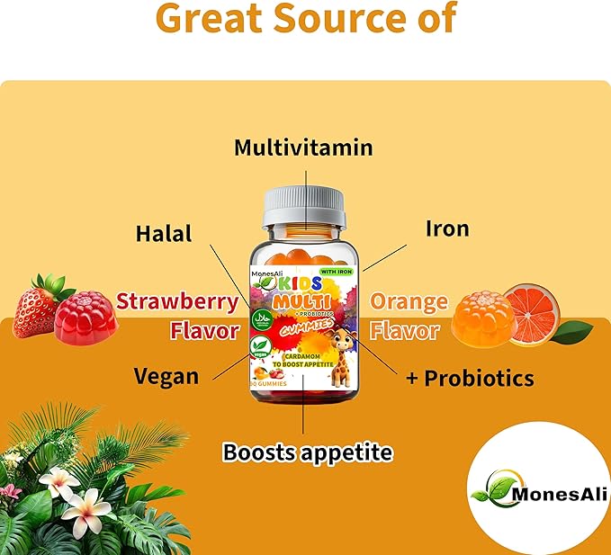 Kids Multivitamin Gummies with Iron &amp Probiotics – Vegan Gelatin-Free Halal Orange &amp Strawberry Flavors 90 Count