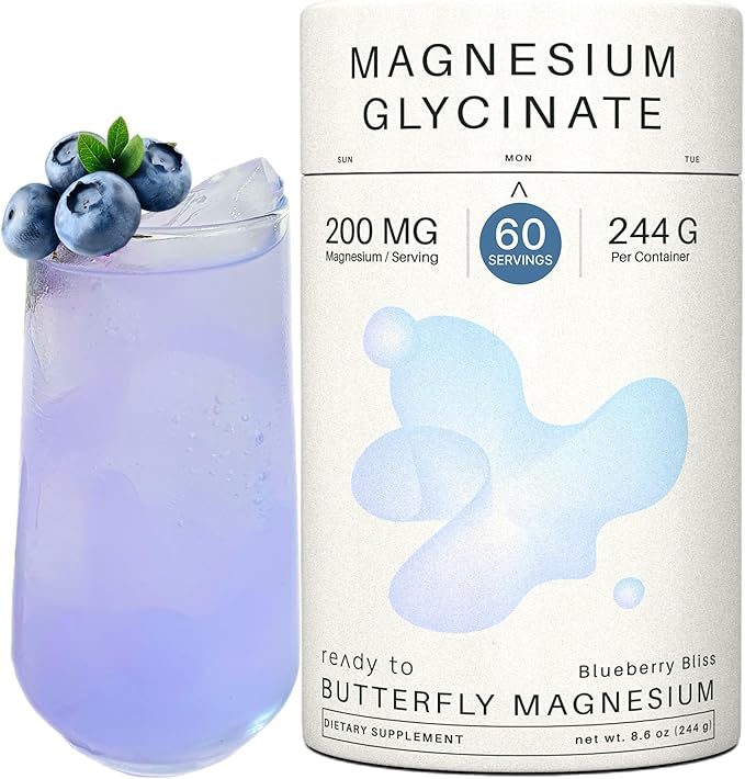 Magnesium Glycinate Powder 200mg | High Absorption Chelated Bisglycinate with Organic Butterfly Pea Flower | Supports Stress Relief Calm &amp Sleep | 8.6 oz 60 Servings