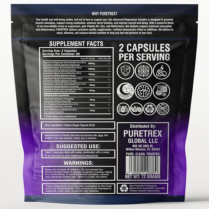 Magnesium Glycinate Complex 120 Vegan Capsules 9-in-1 Formula with 6 Advanced Forms Supports Muscle Performance Maximum Absorption