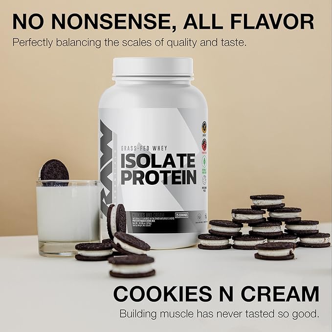 RAW Whey Isolate Protein Powder Cookies N Cream - 100% Grass-Fed Sports Nutrition Protein Powder for Muscle Growth &amp Recovery - Low-Fat Low Carb Naturally Flavored &amp Sweetened - 25 Servings