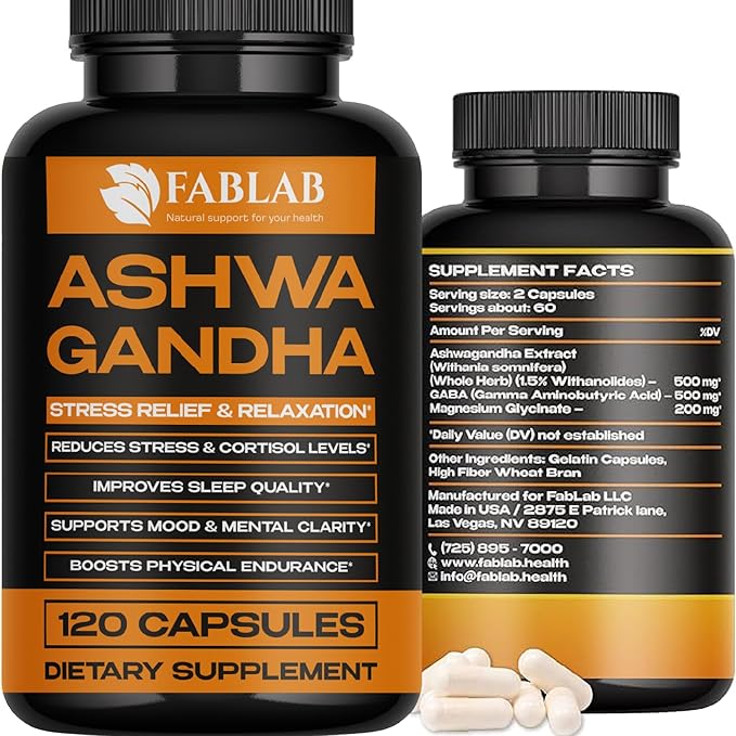 Ashwagandha GABA &amp Magnesium Glycinate Supplement 120 Capsules Natural Stress Relief Mood Support &amp Relaxation Sleep Aid &amp Adrenal Support Non-GMO