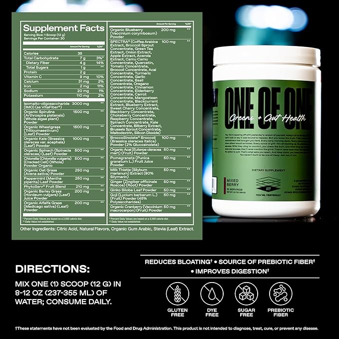 ONE of ONE Greens &amp Gut Health – Superfood Greens Powder with Prebiotics Probiotics &amp Digestive Enzymes for Gut Health Immunity &amp Energy No Artificial Sweeteners - Mixed Berry 30 Servi