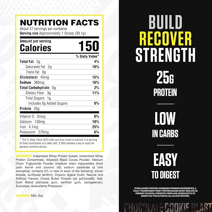 RYSE Loaded Protein Powder - Chocolate Cookie Blast - 25g Whey Protein Isolate &amp Concentrate with Prebiotic Fiber &amp MCTs - Low Carb Low Sugar Digestive-Friendly - 20 Servings / 1.5 lb Tub