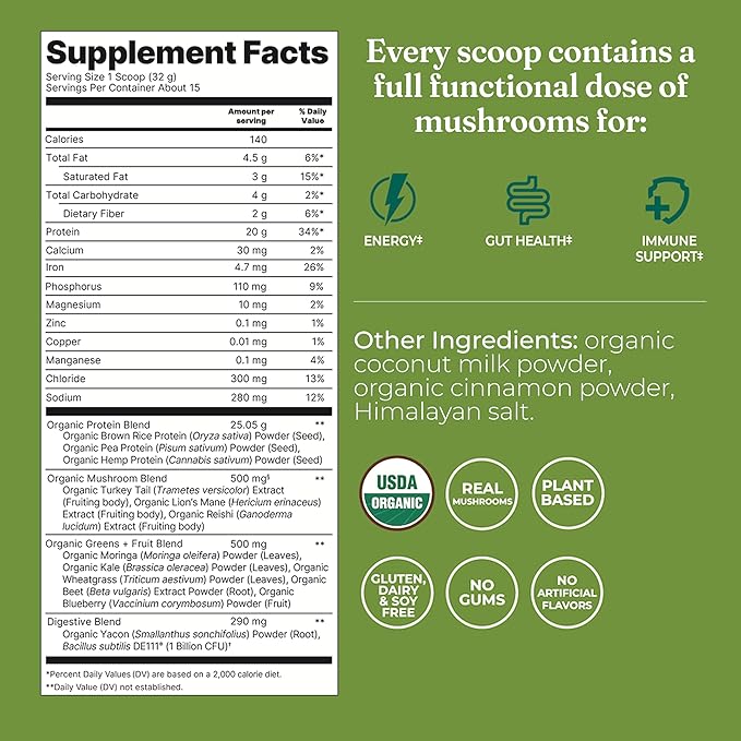 Four Sigmatic Organic Plant-Based Protein Powder | Clean Vegan Protein Elevated with Lion’s Mane Chaga Cordyceps and More for Brain Function and Immune Support | Unflavored 16.9 oz