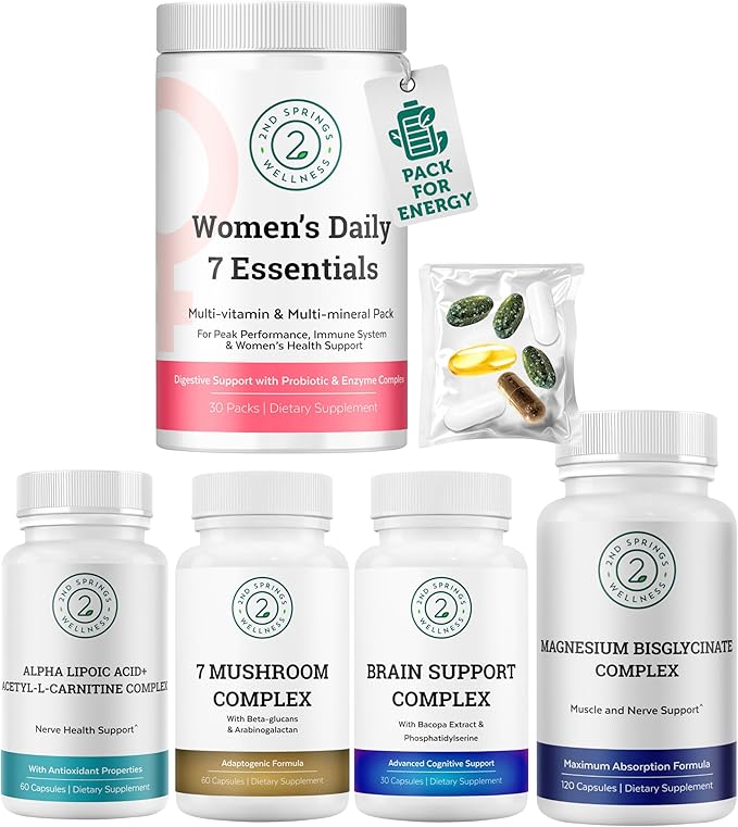 Women’s Daily 7 Essentials + ALA &amp ALC Complex + 7 Mushroom Complex + Brain Support + Magnesium Bisglycinate Bundle | Energy Focus Immunity Cognitive Support &amp Daily Wellness