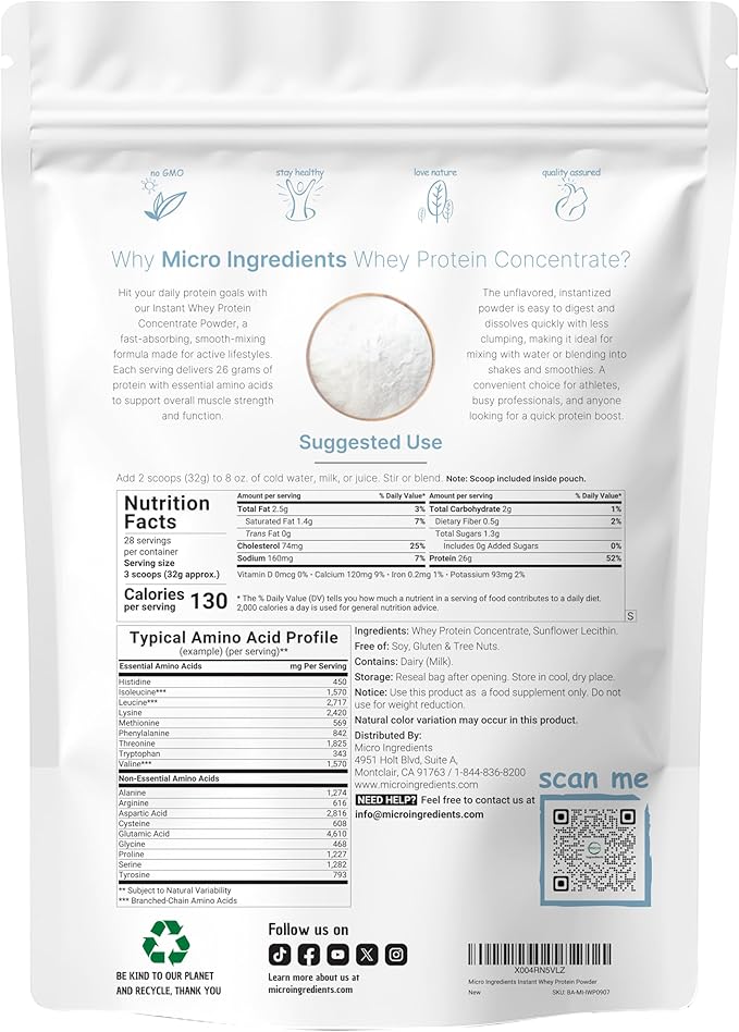 Instant Whey Protein Powder Concentrate 2lbs | Unflavored with Fast Absorption | 26g Protein Per Serving + 5.8g BCAAs | Great for Bars Shakes Smoothies Snacks or Coffee | Non-GMO Soy Free