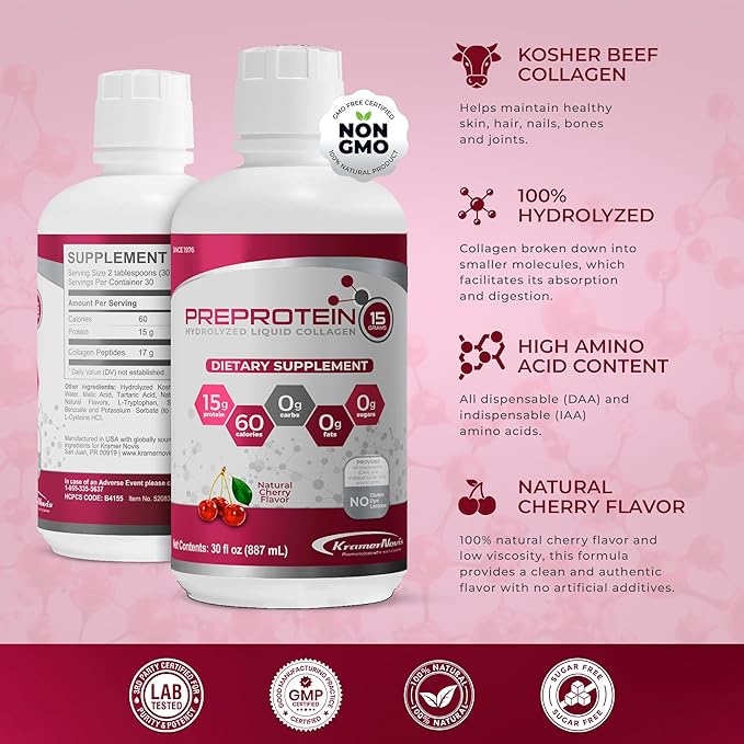 PreProtein 15 Liquid Hydrolyzed Collagen Peptides – Sugar Free Cherry Flavor Drink – 15g Protein Amino Acid Supplement for Bariatric Recovery Joint Support &amp Wound Care – 30oz