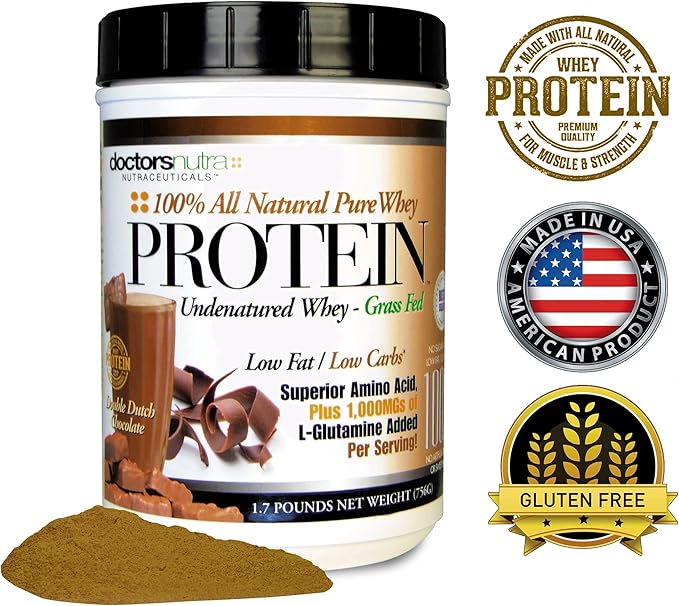Pure Grass Fed Whey Protein Double Dutch Chocolate Flavor - Ultrafiltered Low Carb No Artificial Sweeteners or Flavors with BCAAs and 1000 mg L-Glutamine - 1.7 Pounds
