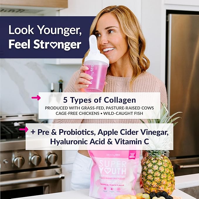 SkinnyFit - Super Youth Collagen for Women - Multi Collagen Peptides Powder - Probiotics Fiber Hyaluronic Acid - Non GMO Gluten Free Sugar Free - Beauty &amp Self Care - Tropical Punch (28 Servin