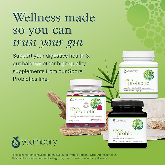 Youtheory Spore Probiotic Powder - Vegan Gut Health Supplement for Men &amp Women* - 6 Billion CFU - Dairy Soy &amp Gluten Free - 3.45 oz