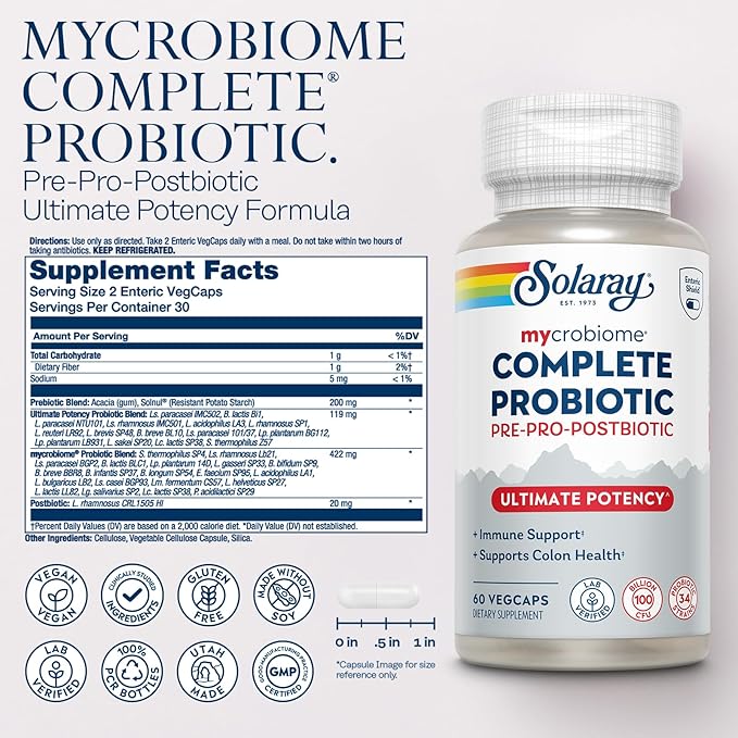SOLARAY Mycrobiome Complete Probiotic Ultimate Potency - Pre and Probiotics for Women and Men Plus Postbiotic - 100 Billion CFU 34 Strains - Vegan - 30 Servings 60 VegCaps