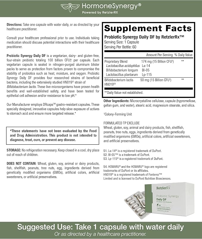 Probiotic Synergy Daily Df - 30 Billion CFU - Acid Resistant DRCaps - Lactobacillus Acidophilus La-14 Lactobacillus Plantarum Lp-115 Bifidobacterium Longum Bl-05 HOWARU Bifido HN019-60 Count