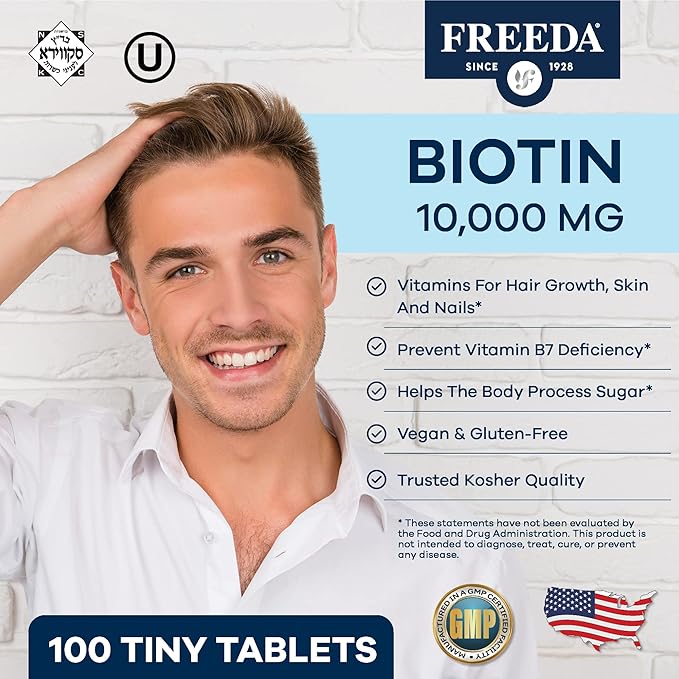 FREEDA Biotin 10000 mcg – Kosher Hair Skin &amp Nails Supplement – High-Potency B7 for Hair Growth &amp Strong Nails – Vegan Tablets with D-Biotin – 100 Tiny Tablet