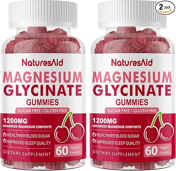 Natures Aid Magnesium Glycinate Gummies 1000mg - Sugar Free Magnesium Potassium Supplement with Vitamin D B6 CoQ10 for Calm Mood &amp Sleep Support - 120 Cherry Gummies -2 Pack