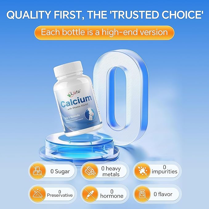 LIIFE 3-in-1 Calcium 150mg + Vitamin D3 1000iu + 100mcg K2（MK4 MK7） Natural Supplement Complex for Bone Health Joint Support and Cardiovascular Health 120 Softgels 60 Day Supply