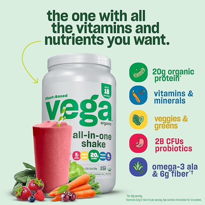 Vega Organic All-in-One Vegan Protein Powder Plain Unsweetened - Superfood Ingredients Vitamins for Immunity Support Keto Friendly Pea Protein for Women &amp Men 13.5 oz (Packaging May Vary)
