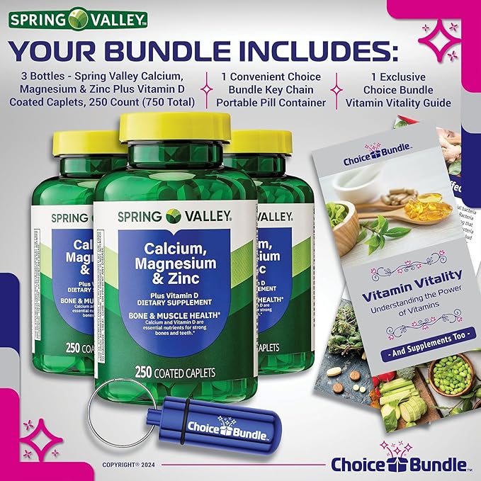 Spring Valley Calcium Magnesium &amp Zinc Plus Vitamin D Coated Caplets 250 Ct 3 pk (750 Total) + Vitamin Vitality &amp Pill Container (5 Items)!