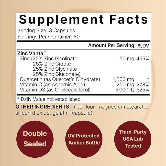 NatureBell Zinc Quercetin with Vitamin C &amp D3 480 Capsules (2 Pack) | Quercetin 1000mg + Zinc 50mg + Vitamin C 250mg + Vitamin D3 5000 IU | 4-in-1 Advanced Immune &amp Lung Support | ZincVanta