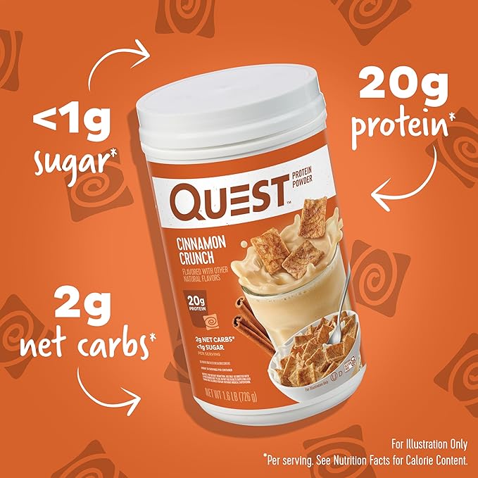 Quest Nutrition Cinnamon Crunch Protein Powder 20g Protein 2g Net Carb 1g Sugar Low Carb Gluten Free 1.6 Pound 24 Servings