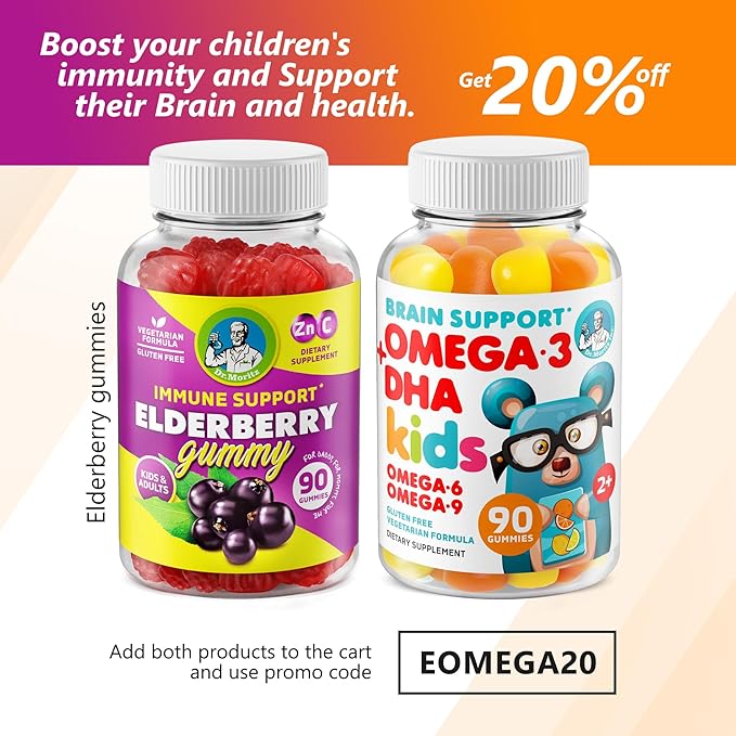 DR. MORITZ Omega 3 Kids Gummies (180 Count) Vegan Omega3 Gummies for Kids with No Fish Oil Vitamins for Brain &amp Heart Health Gluten-Free Omega 3 6 9