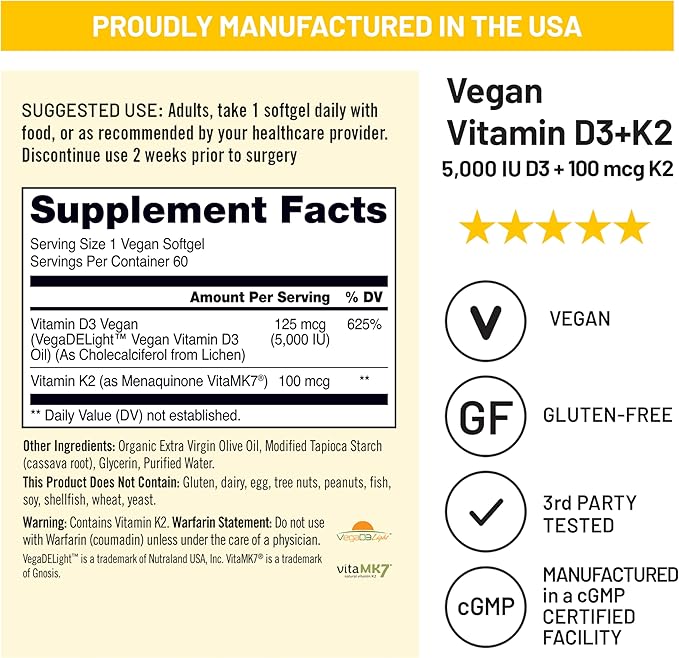 NatureWise Vegan Vitamin D3 + K2 - Natural D3 5000IU + Natural Vitamin K2 100mcg - Bone Support - High Absorption with Organic Cold-Pressed Olive Oil - Non-GMO (Pack of 2)
