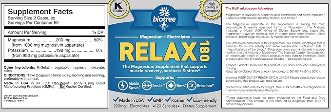 BioTree Labs Relax 180 - Pack of 3 x 120 Magnesium &amp Potassium Supplement with Electrolytes | 60 Days