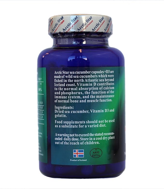 Arctic Star - Sea Cucumber with Vitamin D3 Capsules Pure Icelandic Wild Caught Sea Cucumber Extract &amp D3 Supplement Pills - Cucumaria Frondosa 北极星海参+D3胶囊 (90 Capsules 400mg) 1Bottle