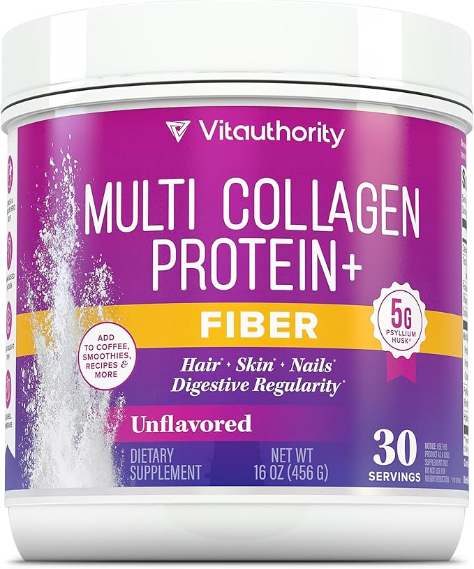 Vitauthority Multi Collagen Protein Powder + Fiber Supplement Collagen Types I II III V &amp X | Hair Skin Nail &amp Digestive Support | Vitamin C &amp Hyaluronic Acid Unflavored 30 Servings