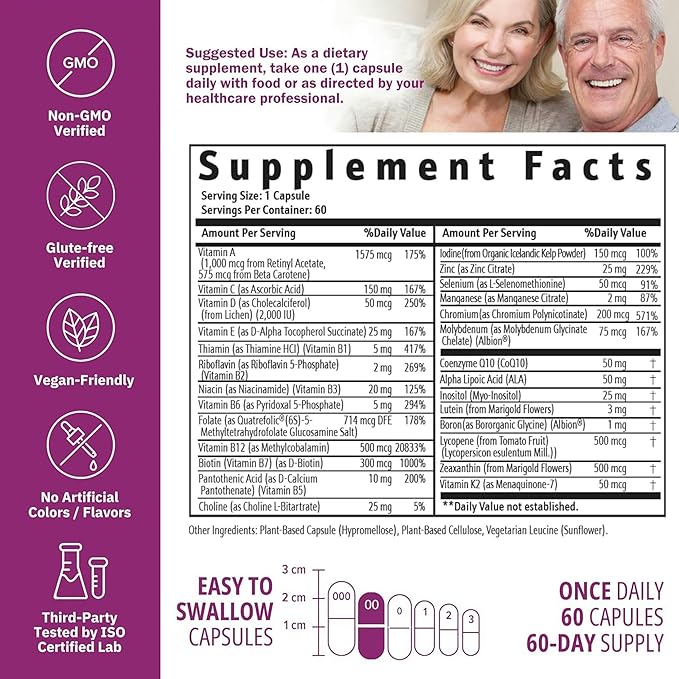 Just One Daily Methylated Multivitamin - 60 Caps Pure Methyl B12 Methylfolate MTHFR Support Supplement Iron Free Methylated Vitamins for Men &amp Women 2 Months Supply Gluten Free