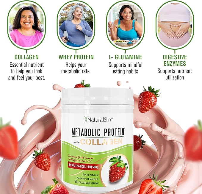 NaturalSlim Metabolic Protein Powder with Collagen whey protein powder shake Hydrolyzed Collagen with L-Glutamine for Metabolic Support Digestion Skin Joints &amp Muscle Low Carb 17.06oz Strawb