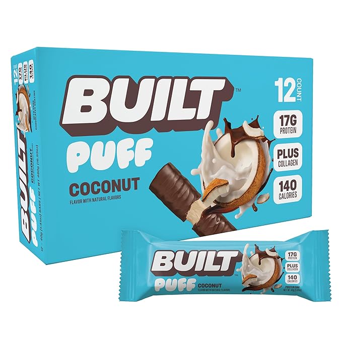 BUILT Bar Puff Protein Bars - Coconut - 17g Protein Snack Bars with Collagen - Calorie Conscious &amp Gluten Free - 12 Count