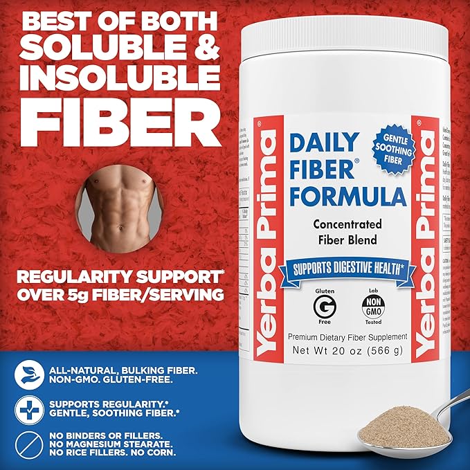 Yerba Prima Daily Fiber Formula - 20 oz Powder - Unflavored Concentrated Blend of Soluble/Insoluble Psyllium Seed Husks Acacia Gum Apple Fiber for Bulk - Dietary Bulking Supplement - Regularity