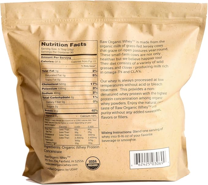 Raw Organic Whey Protein Powder Grass Fed Happy Healthy Cows Undenatured Hormone Free Non-GMO Gluten Free Unflavored Unsweetened Protein 5LB