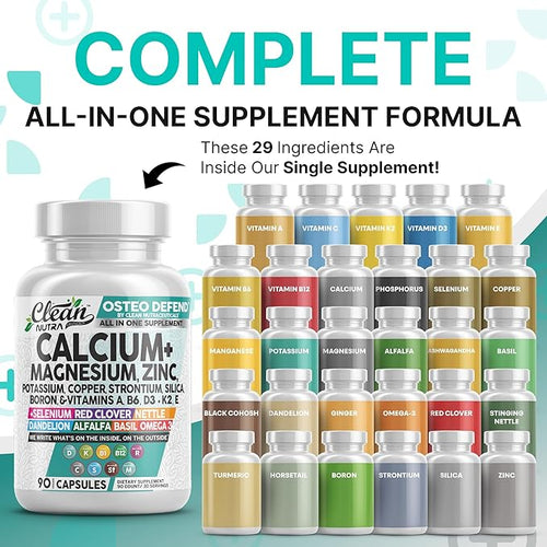 Allin1 Calcium Magnesium Zinc Supplement with Potassium Copper Strontium Silica Vitamin D3 K2 Boron Vitamin B1 B12 Red Clover Herb Alfalfa Basil Pills for Men &amp Women Clean Nutra Osteo Defen