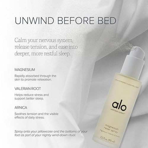 ALO Magnesium Oil Spray | for Sleep Stress &amp Anxiety Relief | Fast-Absorbing Magnesium with Valerian Root Arnica &amp Essential Oils | Non-Sticky Body &amp Pillow Mist | 3.2 oz