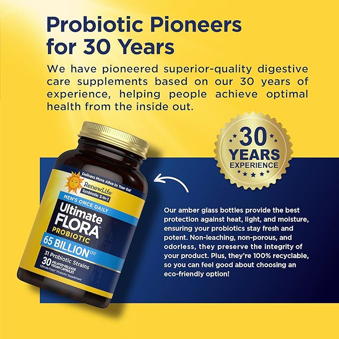 Renew Life Ultimate Flora Probiotics for Men 65 Billion CFU Delayed Release Vegan Capsules | Digestive Health | Immune Health | Dairy Free | 30 Count
