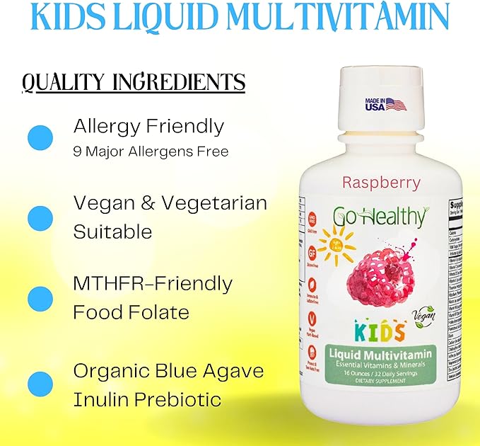 Go Healthy Kids Liquid Multivitamin Immune Support Kid Liquid Multivitamins High Absorption Vegan Vitamins Kids Vitamins Multivitamin Raspberry Flavor - 30-60 Servings