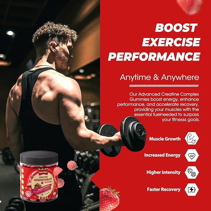 Creatine Monohydrate Gummies 5g for Men &amp Women Preworkout Gummy with ElectrolyteTaurine for Muscle Growth Strength &amp Energy Support Strawberry 120 pcs