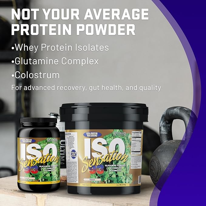 Ultimate Nutrition Whey Protein Isolate Powder with Glutamine Complex ISO Sensation 93 - Whey Protein Powder with Added Colostrum for Enhanced Recovery Immunity &amp Gut Health - Natural 5lbs
